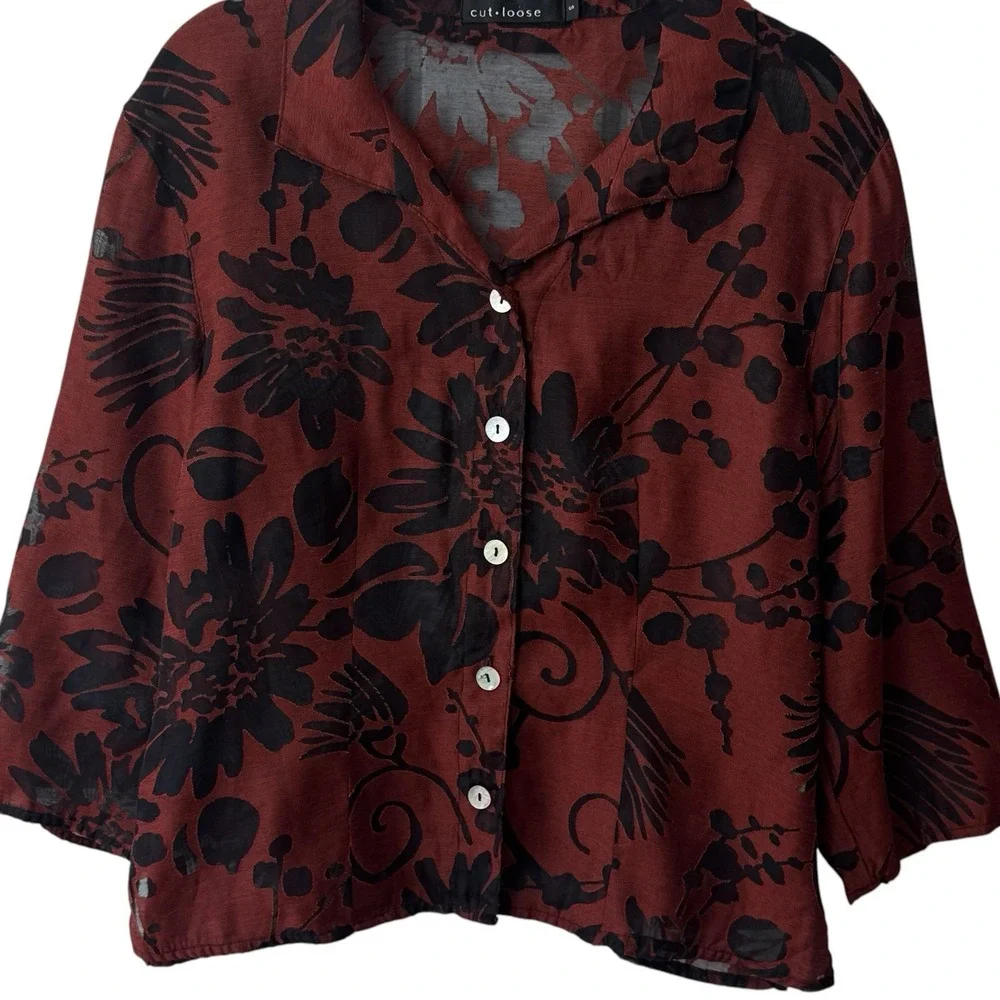 Cut Loose Linen Blend Floral Sheer Devore Button Jacket‎ Topper Artsy Eclectic S